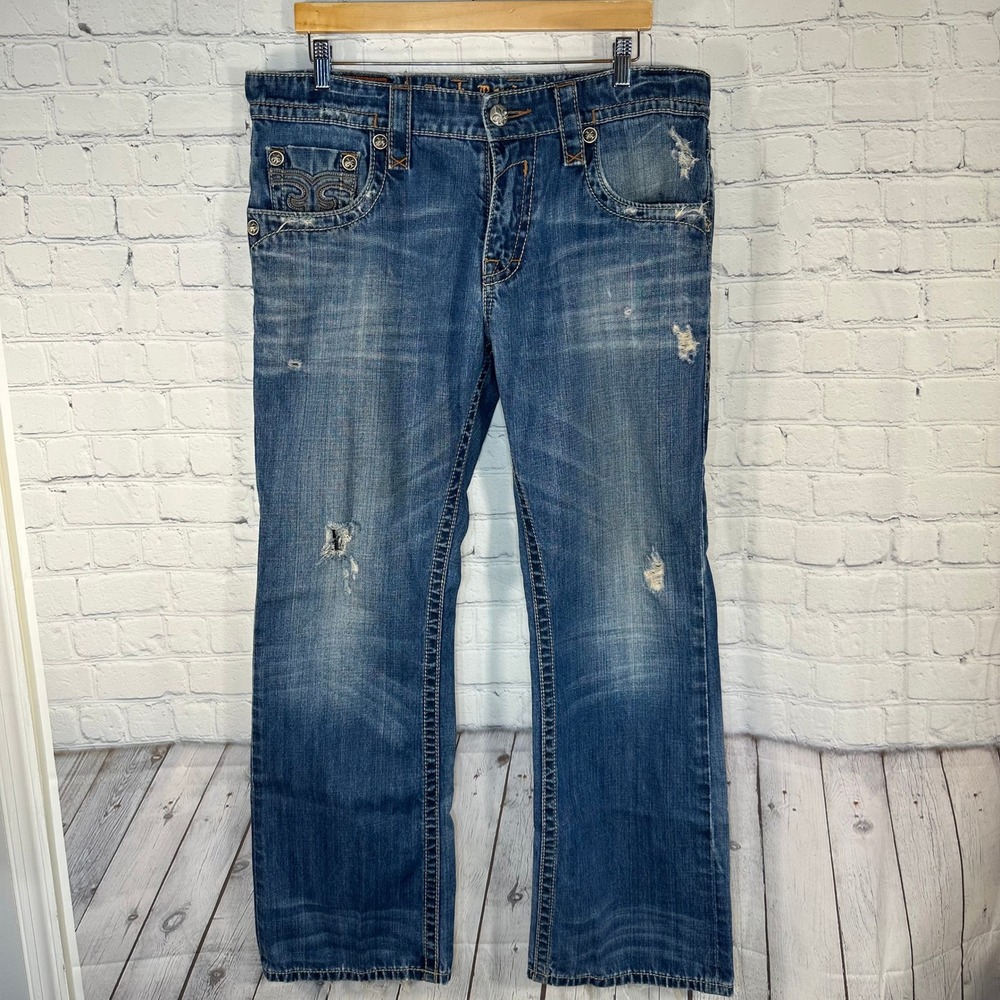 Rock Revival Mens Roger Boot Distressed Jeans Medium Wash Fleur De Lis 36 READ!!